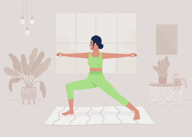 Señora haciendo asanas de yoga en casa  Ilustración