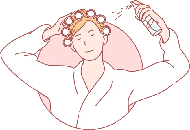 Señora haciendo spray para el cabello en la cabeza  Ilustración