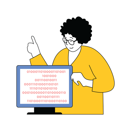 Señora mostrando codificación en el escritorio  Ilustración