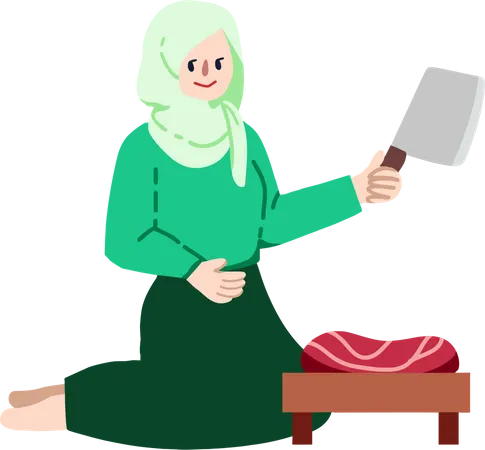 Señora musulmana cortando carne  Ilustración