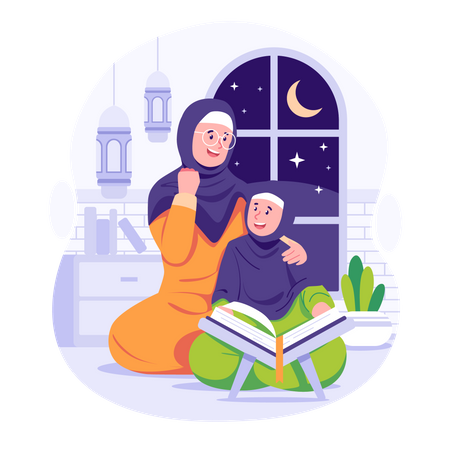 Señora musulmana leyendo el Corán con una chica  Ilustración