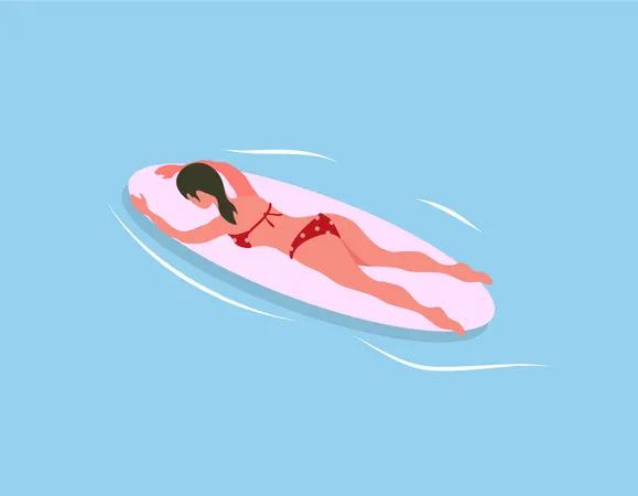 Señora sexy durmiendo en una tabla de surf y disfrutando del surf  Ilustración