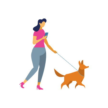 Señora y perro mascota caminando con chat en móvil  Ilustración