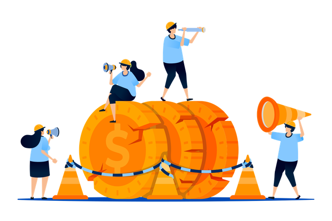 Damaged money with  yellow cone and rope  Illustration