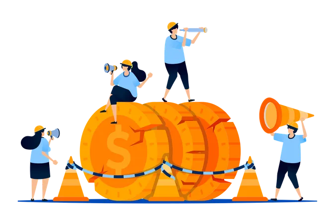 Damaged money with  yellow cone and rope  Illustration