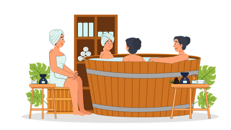 Señoras disfrutando de un baño caliente en el spa  Ilustración