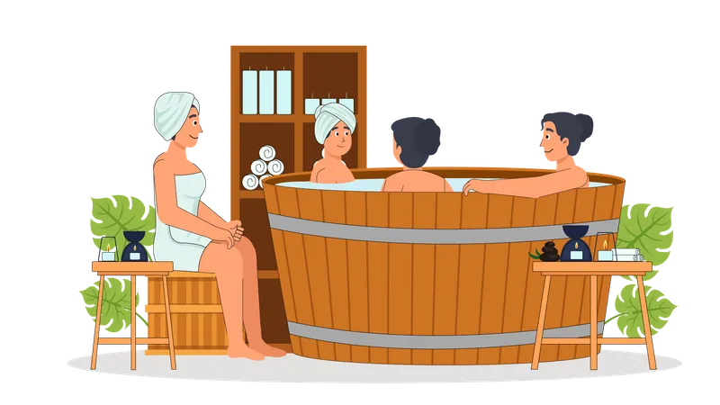 Señoras disfrutando de un baño caliente en el spa  Ilustración