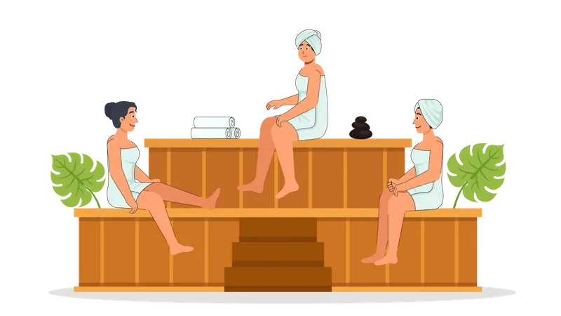 Señoras sentadas en la sauna del spa  Illustration