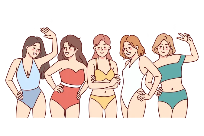 Señoras sexys de pie y posando en traje de baño  Ilustración