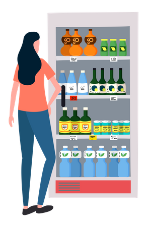 Dame achetant une boisson froide au supermarché  Illustration