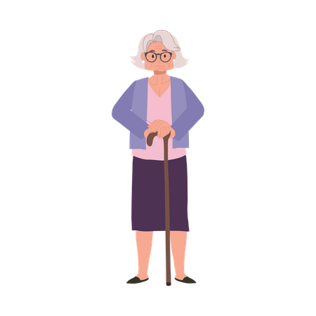 Dame âgée souriante avec bâton de canne  Illustration