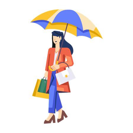 Dame avec parapluie et sac de courses  Illustration