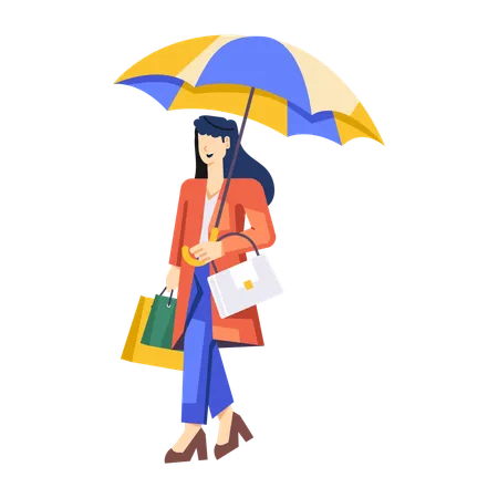 Dame avec parapluie et sac de courses  Illustration