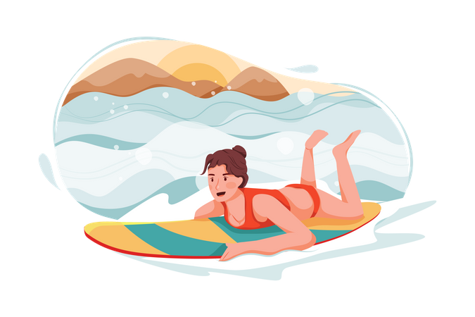 Dame beim Surfen im Meer  Illustration