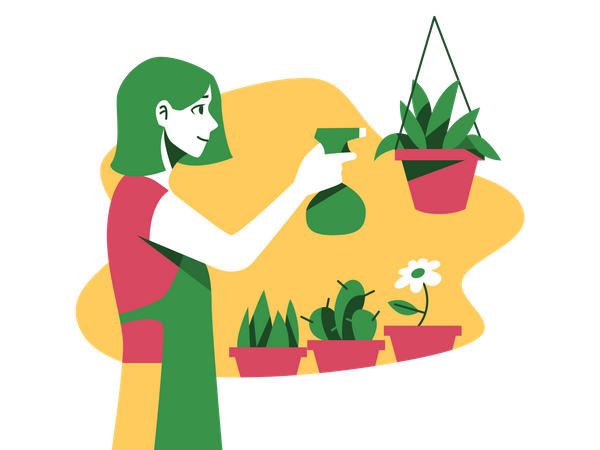 Dame besprüht Pflanzen mit Wasser  Illustration