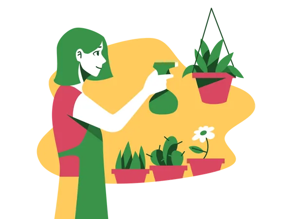 Dame besprüht Pflanzen mit Wasser  Illustration