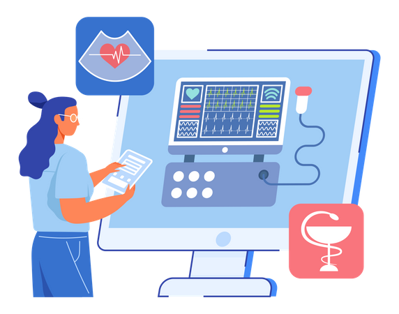 Dame cardiologue effectue un cardiogramme  Illustration