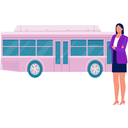 Dame chauffeur debout avec bus de transport  Illustration