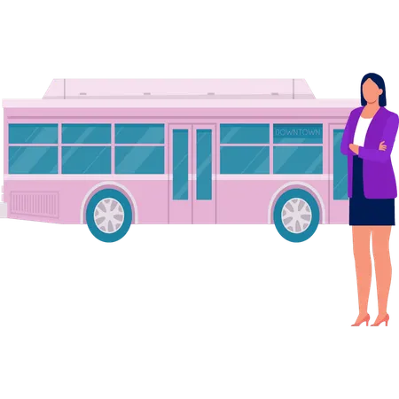 Dame chauffeur debout avec bus de transport  Illustration