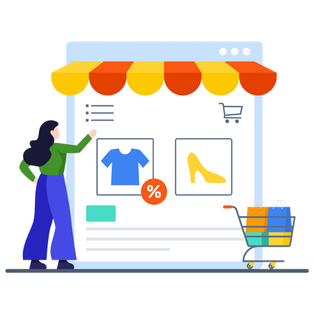 Dame choisissant des articles à prix réduit sur un site commercial  Illustration