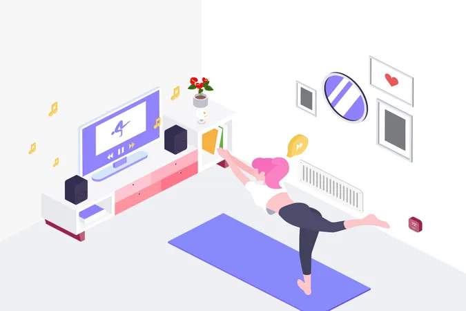 Une femme commence à s'entraîner au yoga en suivant son entraîneur à la télévision dans le salon  Illustration