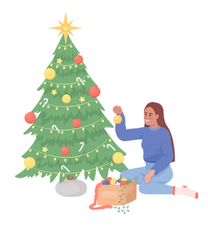 Dame décorant le sapin de Noël  Illustration