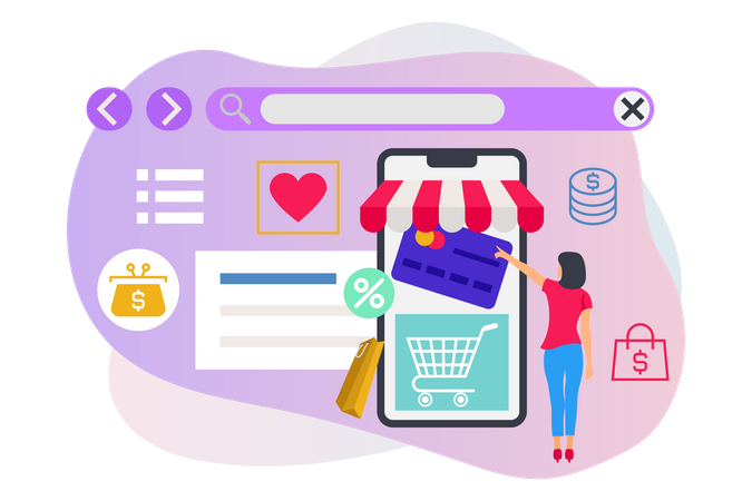 Dame effectuant le paiement pour les achats en ligne  Illustration