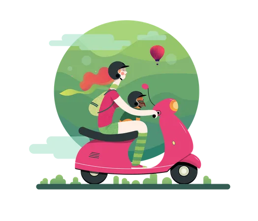 Dame en scooter avec son chien  Illustration