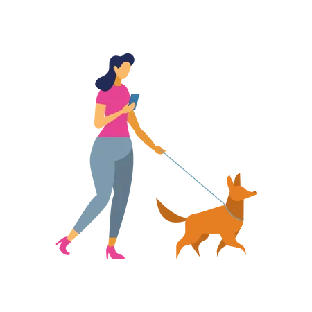 Dame et chien de compagnie marchant en discutant sur mobile  Illustration