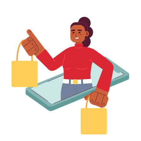 Dame heureuse avec des sacs à provisions sur téléphone portable  Illustration