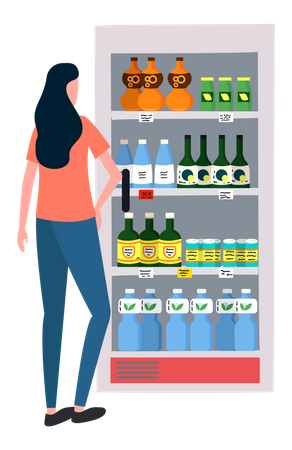 Dame kauft Kaltgetränk im Supermarkt  Illustration