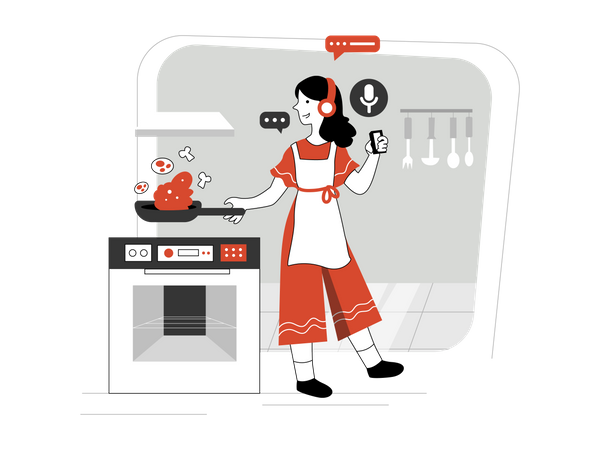 Dame kocht gerne mit Technik.  Illustration