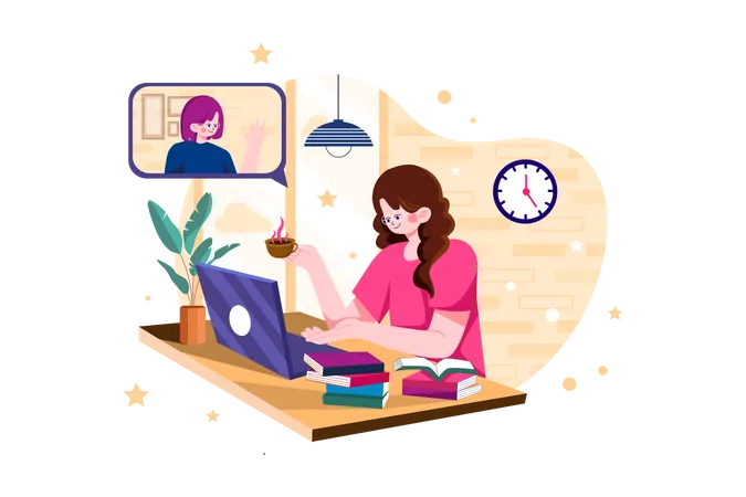 Dame führt Online-Meeting an einem Laptop durch, während sie eine Kaffeetasse auf dem Schreibtisch hält  Illustration