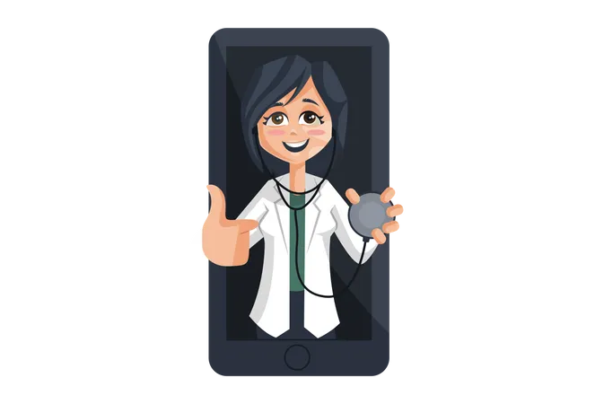 Lady Doctor avec stéthoscope sur écran mobile  Illustration