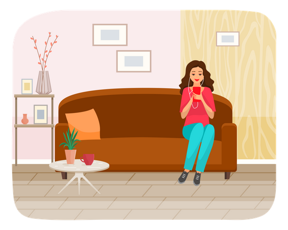 Dame mit Kopfhörern sitzt auf der Couch, hört Musik und surft auf dem Smartphone in sozialen Medien  Illustration