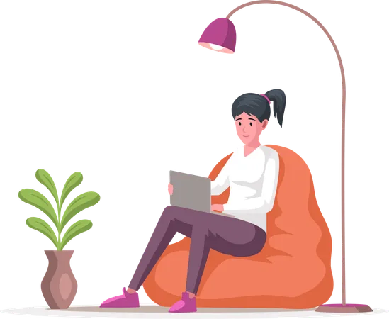 Dame mit Laptop sitzt im Taschenstuhl  Illustration