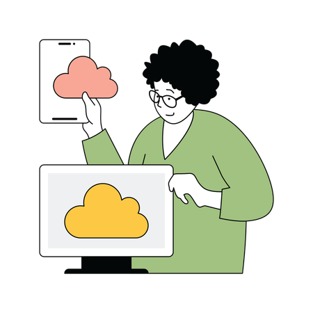 Dame montrant le système cloud sur téléphone et ordinateur  Illustration