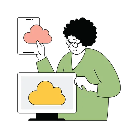 Dame montrant le système cloud sur téléphone et ordinateur  Illustration