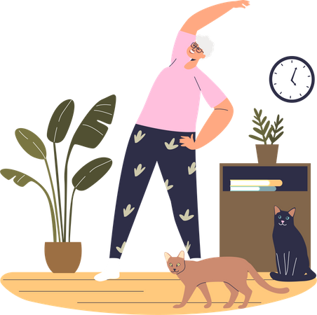 Dame âgée faisant des exercices à la maison  Illustration