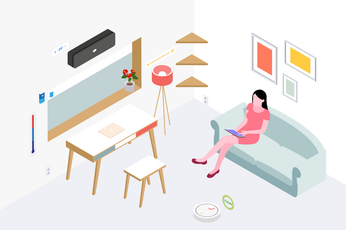 Dame sitzt auf Couch und benutzt Tablet im Wohnzimmer  Illustration