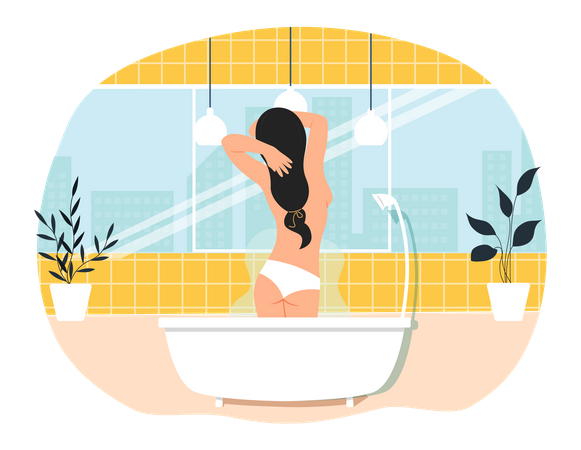 Dame steht in Badewanne mit heißem Wasser  Illustration