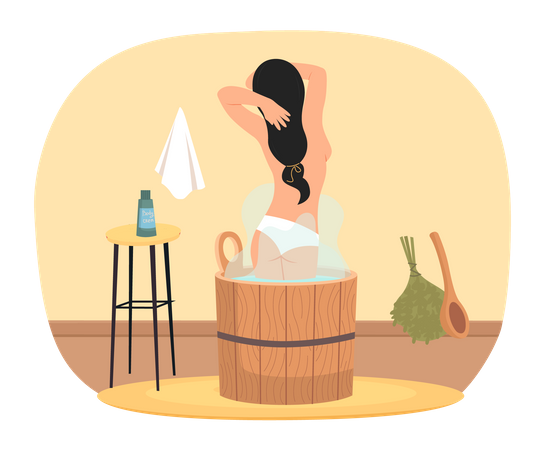Dame steht in Holzwanne mit heißem Wasser  Illustration