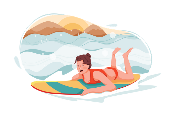 Dame surfant en mer  Illustration