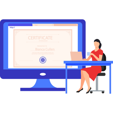 Dame travaillant sur un certificat sur un ordinateur portable  Illustration