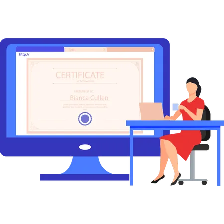 Dame travaillant sur un certificat sur un ordinateur portable  Illustration