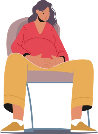 Triste dame enceinte avec un gros ventre assise sur une chaise avec un visage bouleversé  Illustration