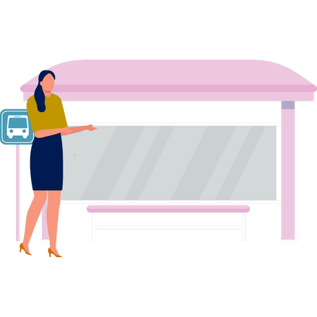 Dame zeigt Bushaltestelle  Illustration