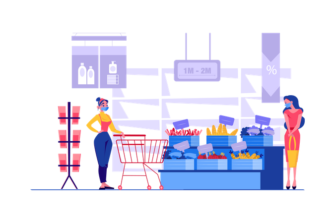 Damen im Lebensmittelgeschäft halten soziale Distanz  Illustration