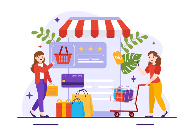 Mesdames faisant des achats en ligne  Illustration