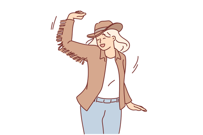 Dançando cawgirl com chapéu e roupas de cavaleiro do oeste selvagem  Ilustração